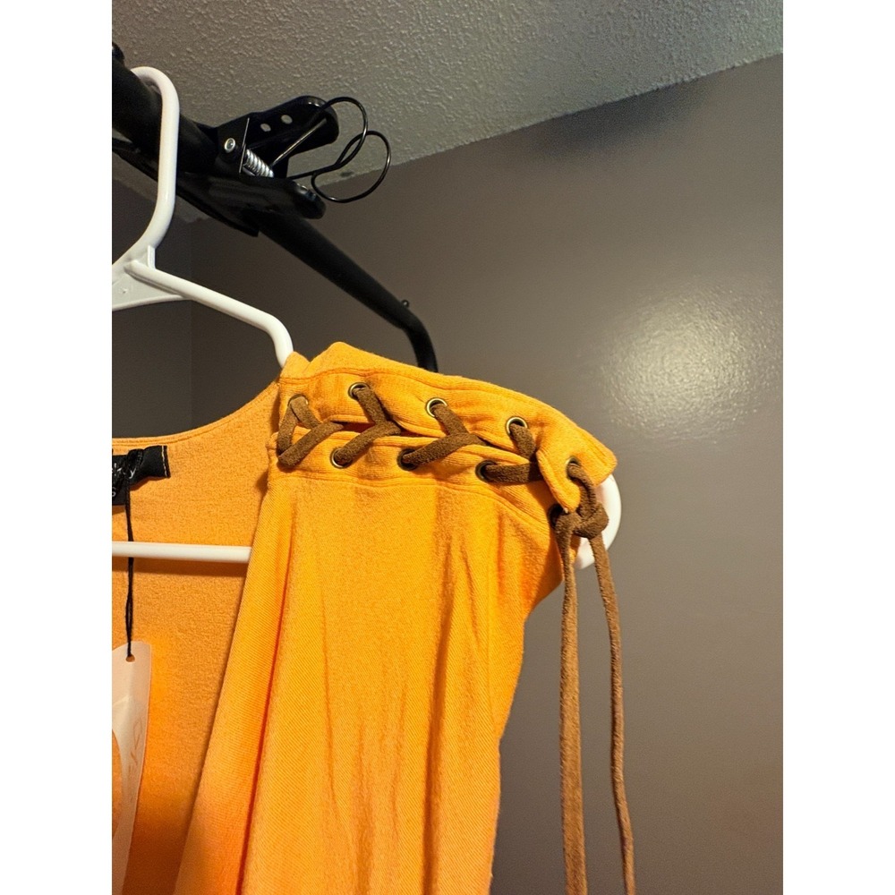 Sky Tangerine Sleeveless BOHO Swoop Neck, Leather Ties with Feathers Shirt Sz S - Picture 6 of 6